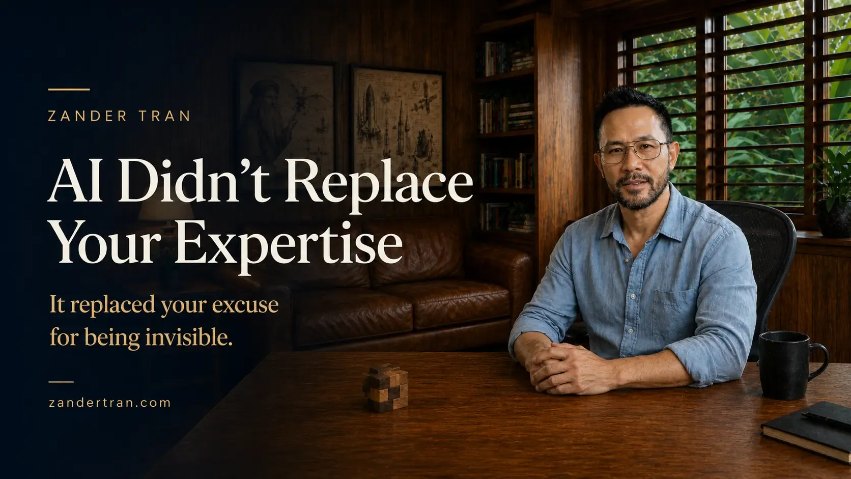 Zander Tran at a mahogany desk in a wood-paneled study with bookshelves and tropical foliage visible, with the article headline AI Didn't Replace Your Expertise overlaid on the left side