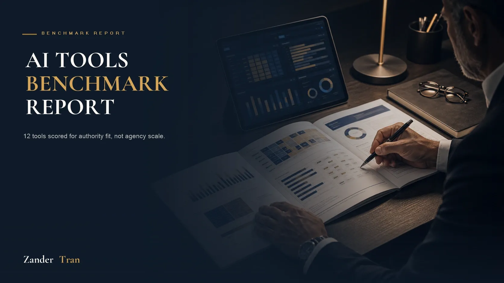 2026 AI Tools Benchmark Report graphic showing composite scores for 12 tools across avatar, voice, video, and email categories