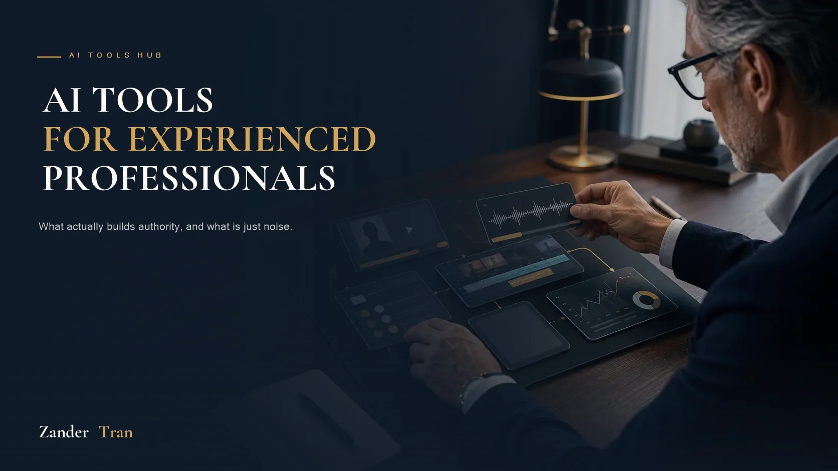 AI tools for experienced professionals hub graphic showing four categories: avatar and video, voice, editing, and email