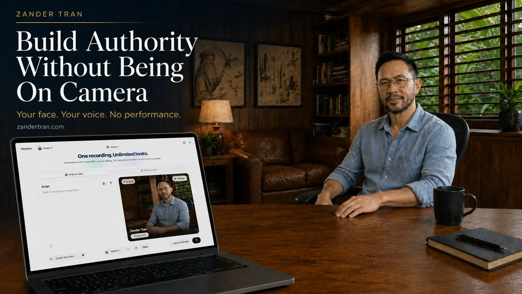 Zander Tran seated at his desk beside a laptop displaying the HeyGen AI avatar studio interface, with his digital avatar visible on screen in a study setting with tropical foliage