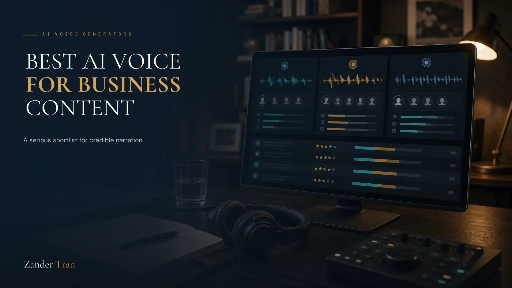 Ranked comparison graphic of the best AI voice generators for business, showing ElevenLabs, Murf, and WellSaid Labs