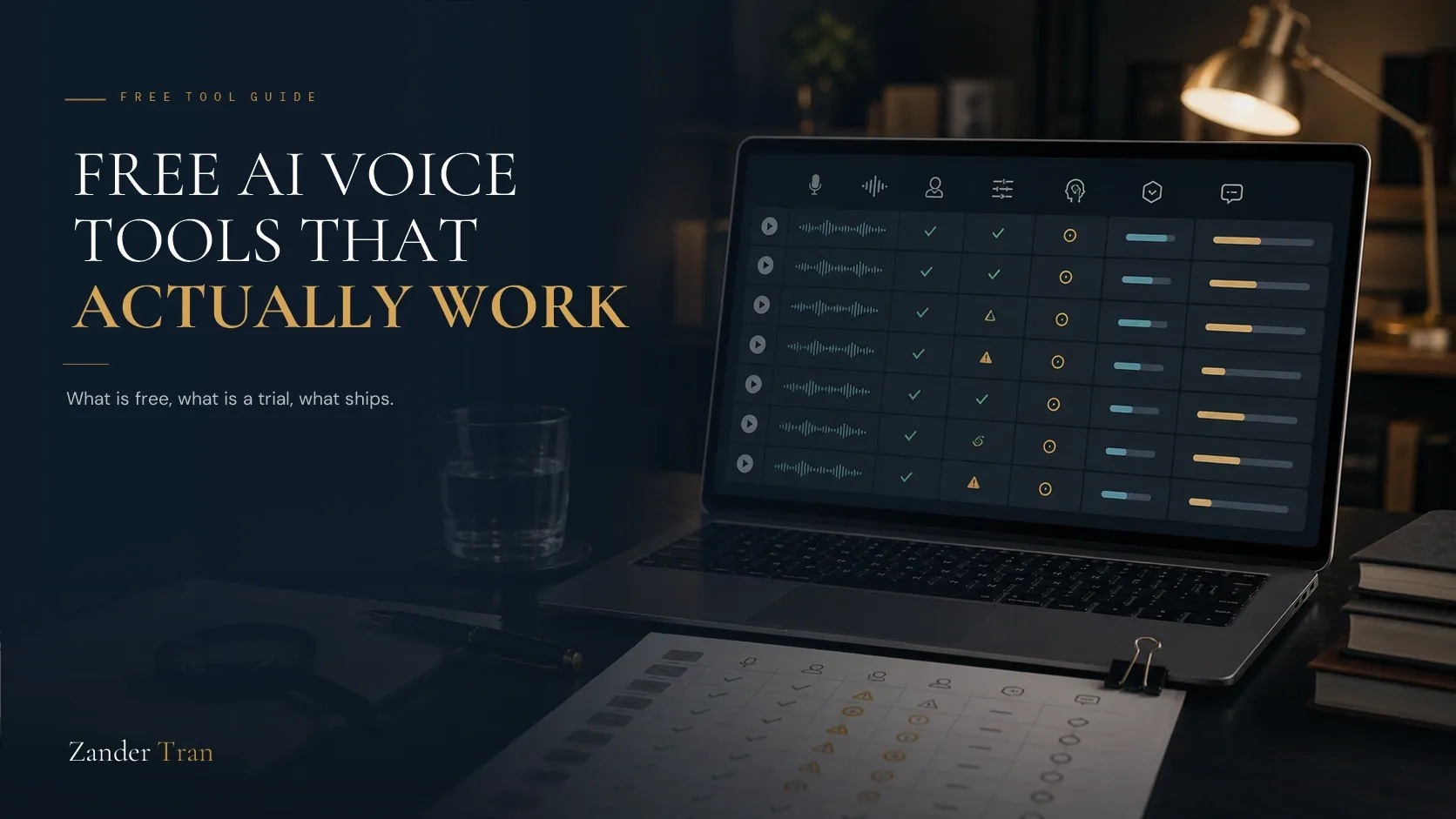 Comparison graphic of seven free AI voice generator tools with their free-tier limits and commercial-use restrictions