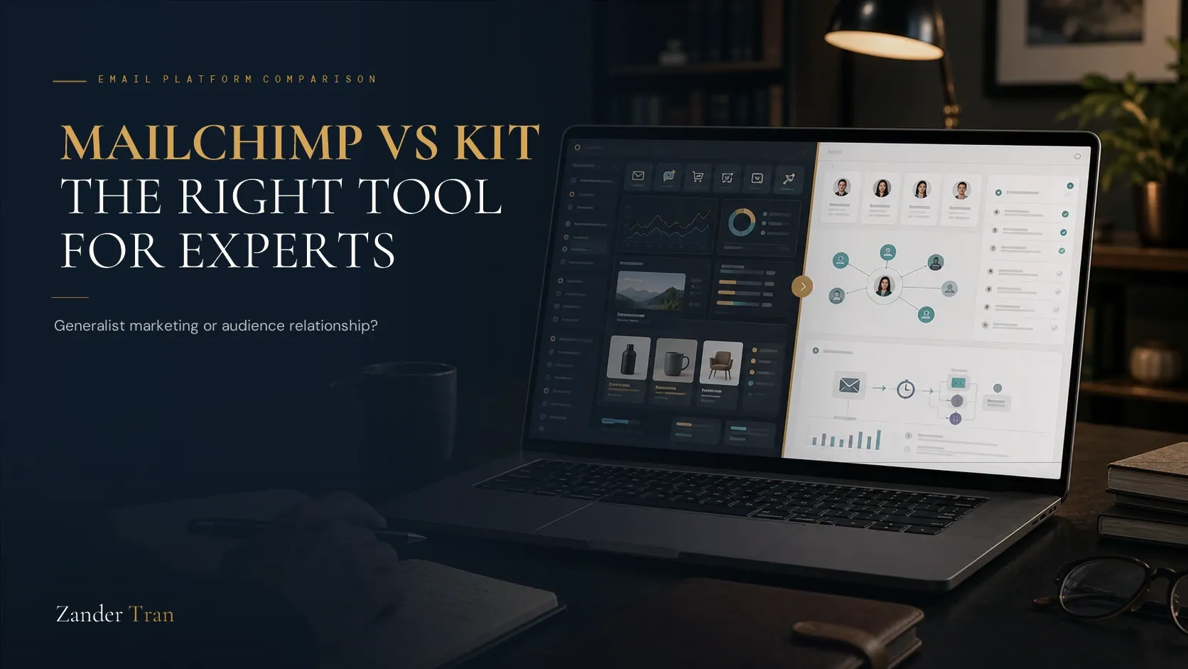 Mailchimp vs Kit comparison graphic summarizing free tier, pricing, and feature differences between the two email platforms