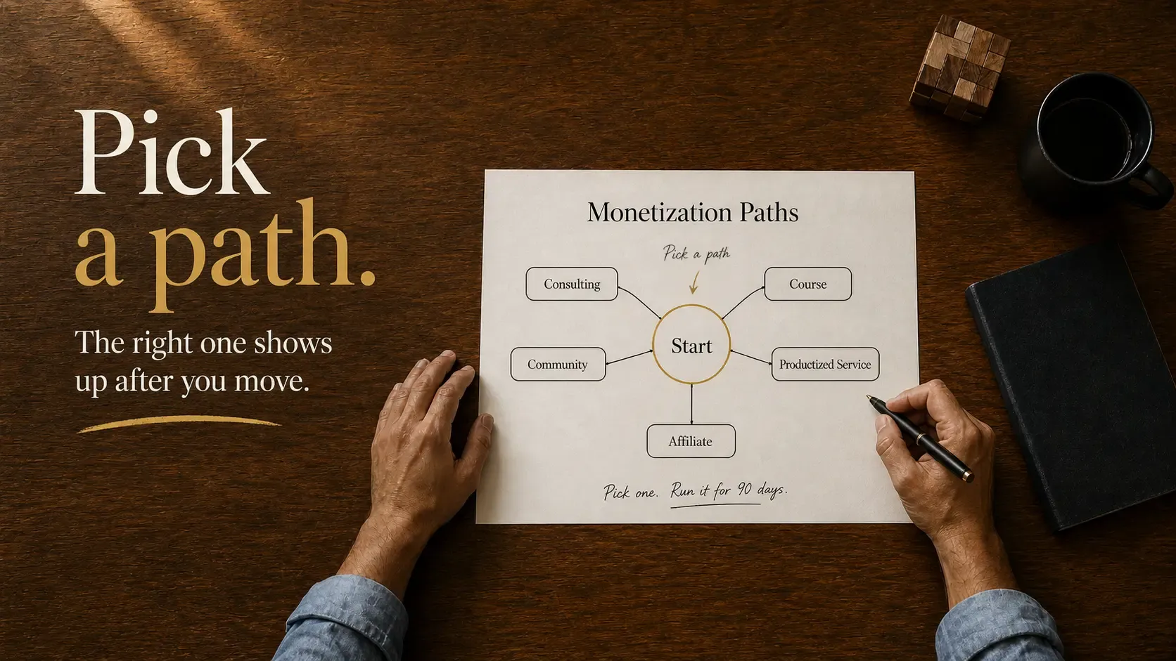 Overhead view of hands at a wooden desk reviewing a Monetization Paths diagram with five starting paths radiating outward: Consulting, Course, Community, Productized Service, and Affiliate