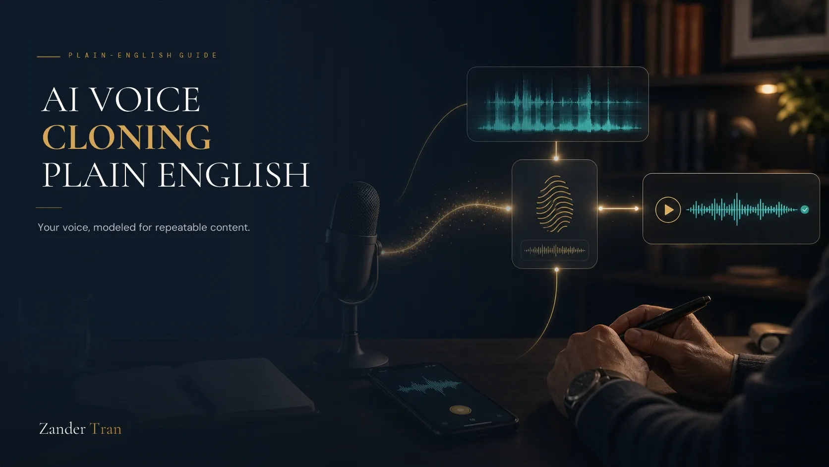 Explainer graphic breaking down how AI voice cloning works, from audio sample to synthesized speech